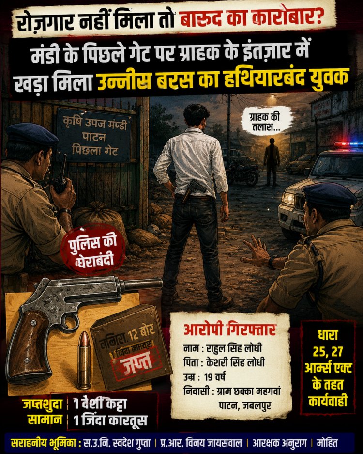 जबलपुर कट्टे का ग्राहक तलाशता ‘नौजवान’ मंडी के पिछवाड़े पुलिस ने खोल दी ‘बारूद की दुकान’!!